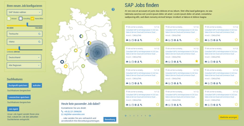 Das SAP Jobportal: Vorschau der Suchfunktion auf biber-associates.com