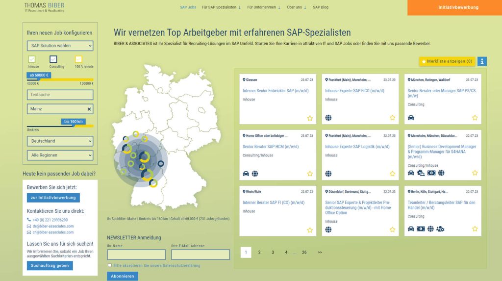 SAP Jobs in Deutschland: Suchseite im Jobportal von Thomas Biber